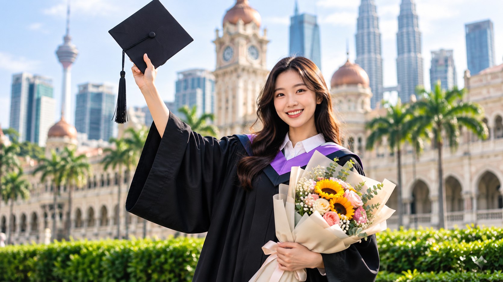 Illustrative graduation photo example with KL skyline backdrop
