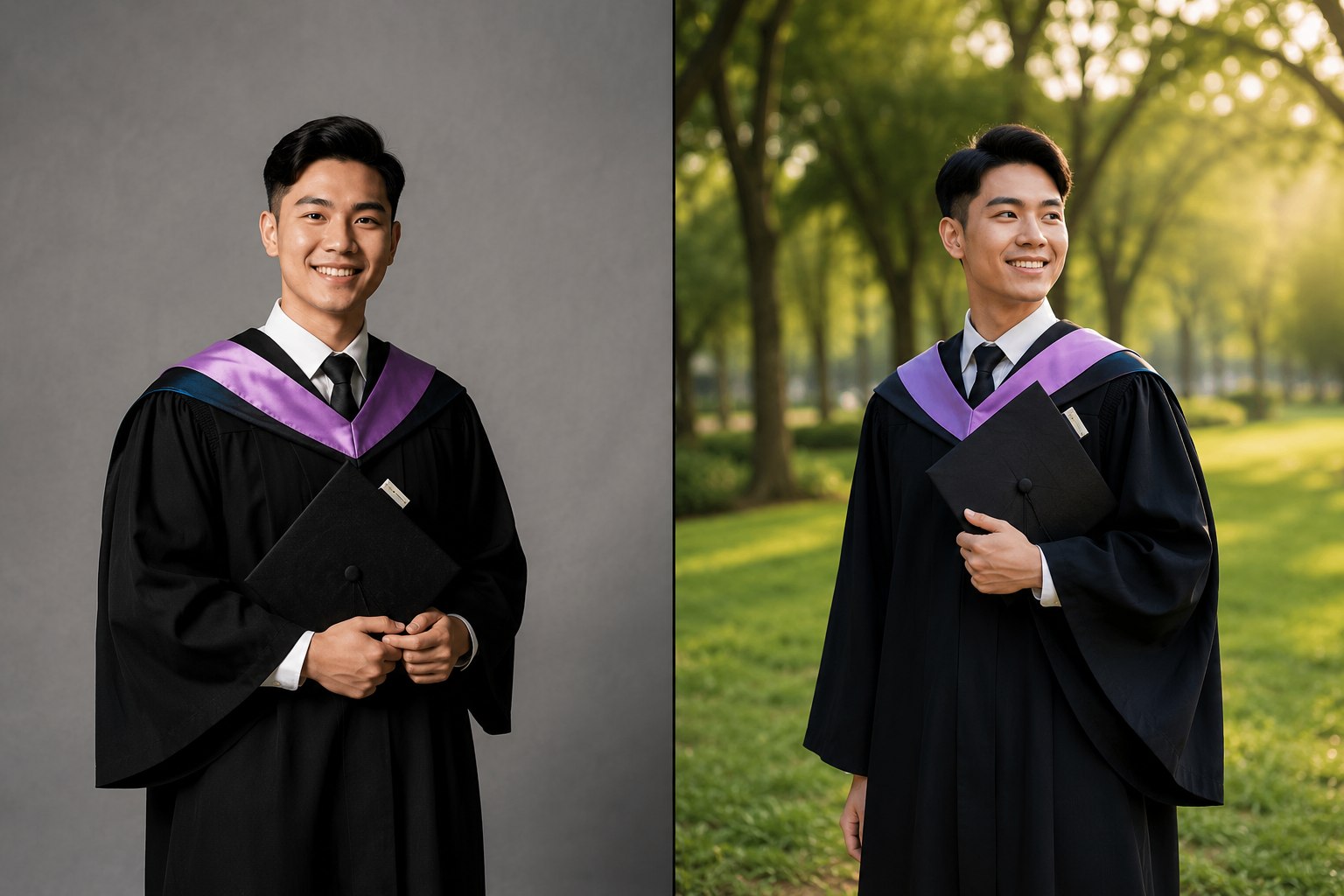 Illustrative comparison of studio vs outdoor graduation photo styles