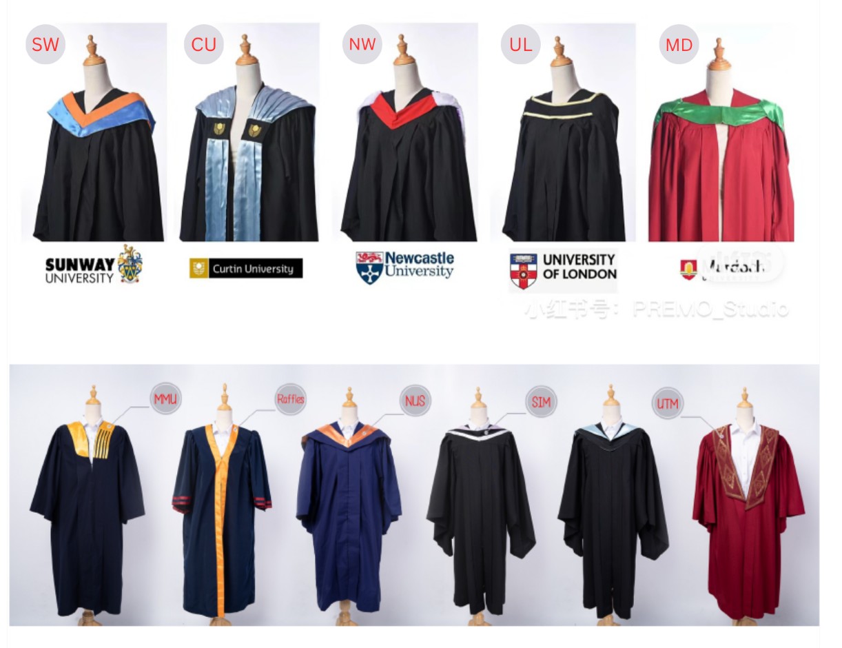 Graduation gowns available at Premo Studio JB branch: Sunway University, Curtin University, Newcastle University, University of London, Murdoch University, plus MMU, Raffles, NUS, SIM and UTM styles