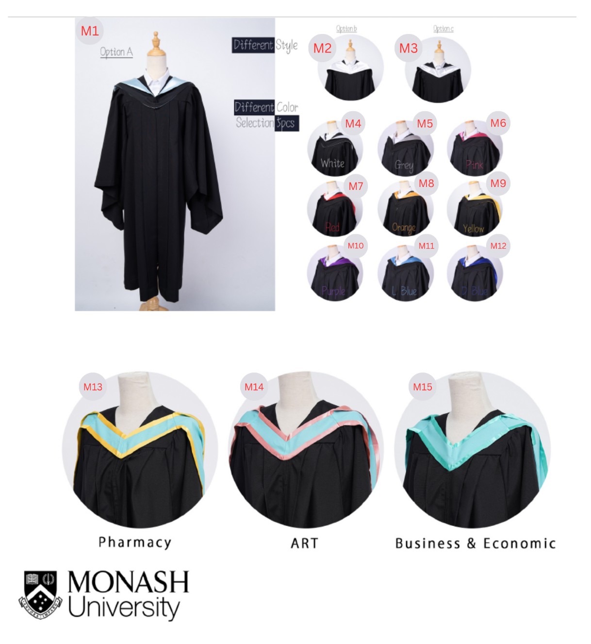 Monash University graduation gowns available at Premo Studio, multiple sash colors including white, grey, pink, red, orange, yellow, purple, light blue, dark blue, plus Pharmacy, Art and Business & Economics faculty styles
