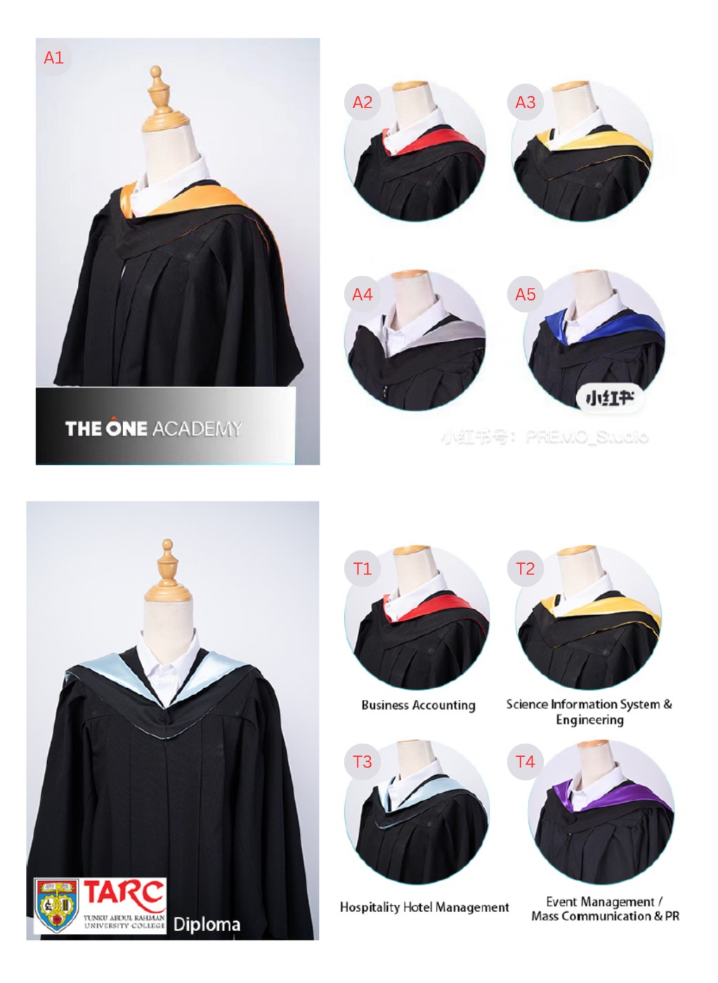 THE ONE ACADEMY and TARC (Tunku Abdul Rahman University College) graduation gowns available at Premo Studio, multiple sash colors including TARC Business Accounting, Science Information System & Engineering, Hospitality Hotel Management, and Event Management / Mass Communication & PR faculty styles