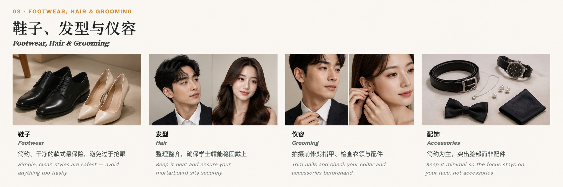 Footwear, hair, grooming and accessories examples for graduation photos