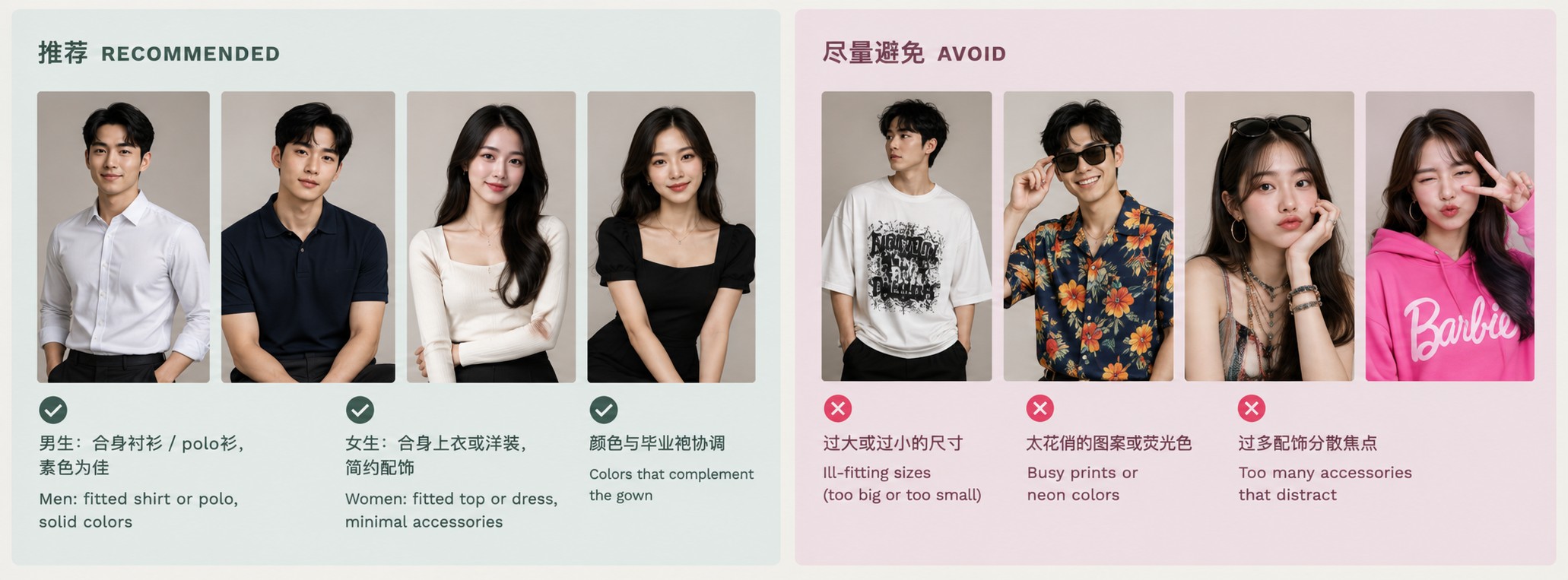 Recommended vs avoid graduation photo outfit examples