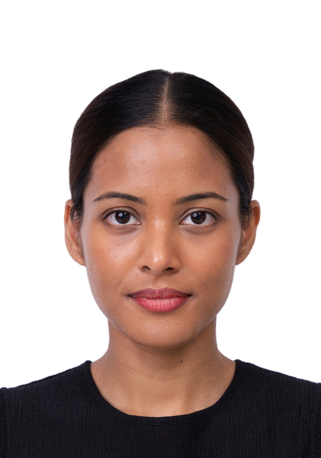 Premo Studio real client passport photo — woman, white background
