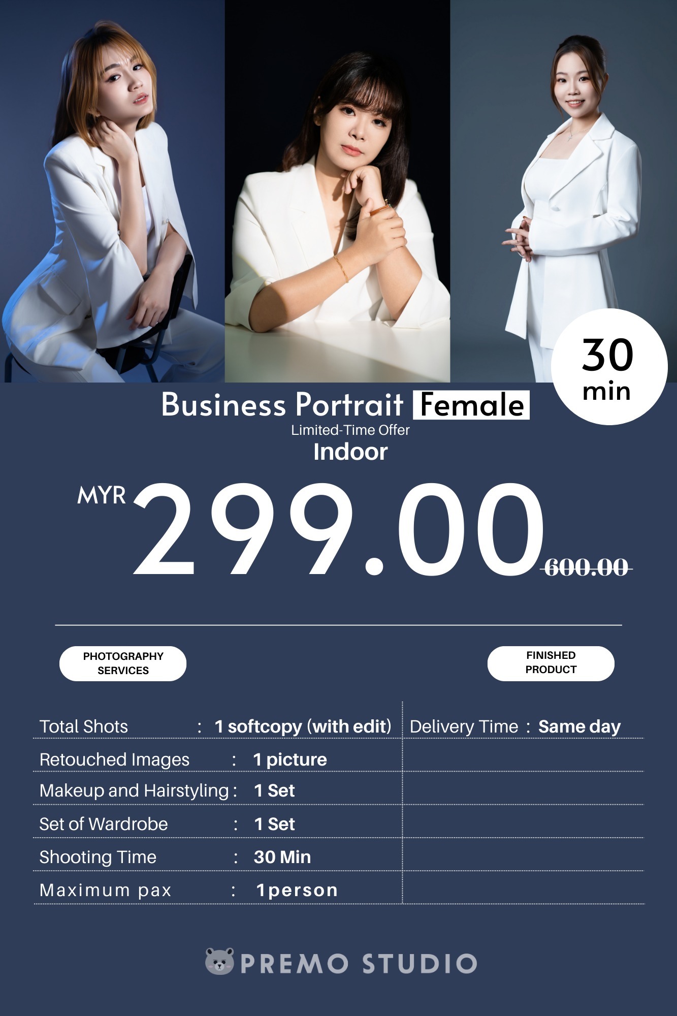 Business Portrait Female RM299, 30 minutes, includes makeup and hairstyling, 1 outfit, same day delivery
