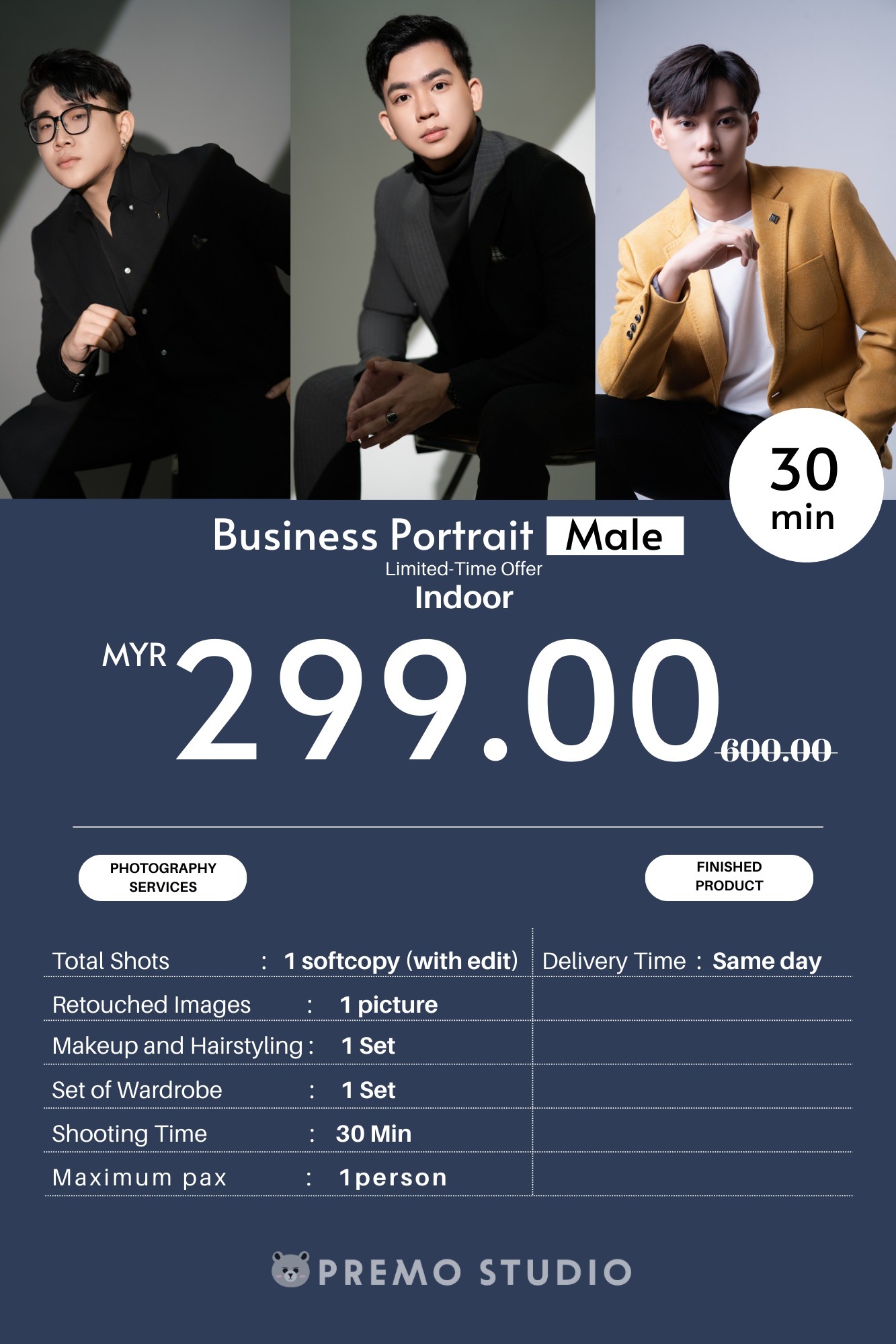 Business Portrait Male RM299, 30 minutes, includes makeup and hairstyling, 1 outfit, same day delivery